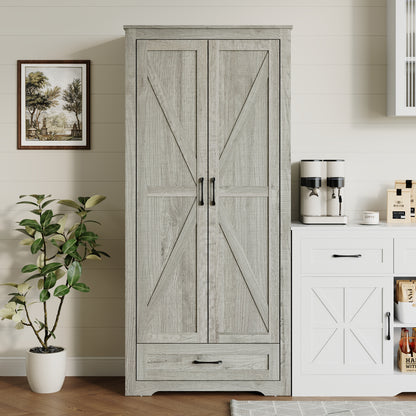 69" Tall Kitchen Pantry,Farmhouse Storage Cabinet with 2 Barn Doors 4 Adjustable Shelves and Large Drawer for Dining Room,Living Room,Bathroom
