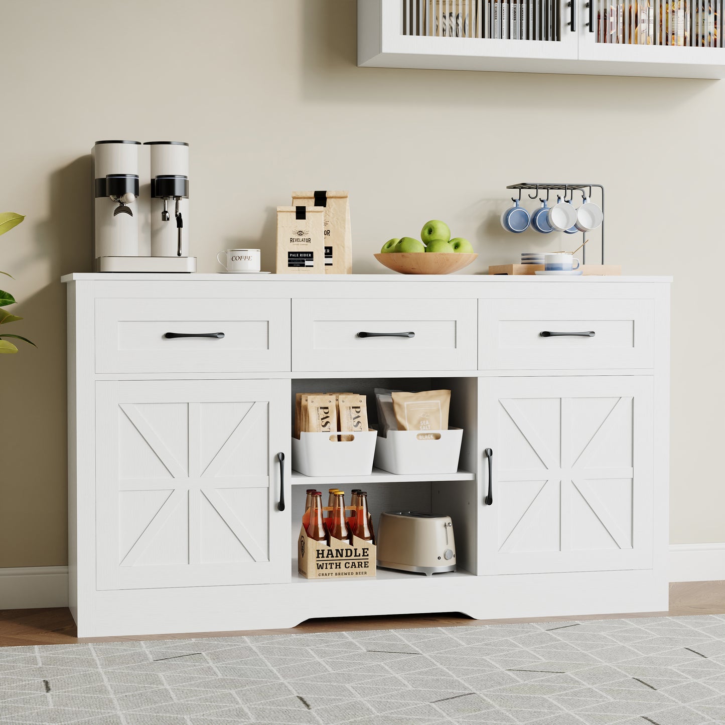 55" Farmhouse Coffee Bar Cabinet,White Wood Kitchen Sideboard W/  3 Drawers 2 Shelves for Living Room,Dining Room