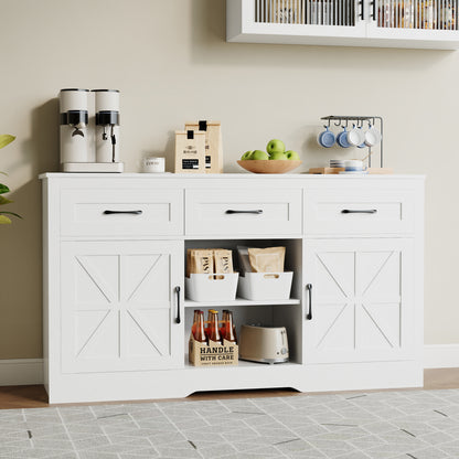 55" Farmhouse Coffee Bar Cabinet,White Wood Kitchen Sideboard W/  3 Drawers 2 Shelves for Living Room,Dining Room