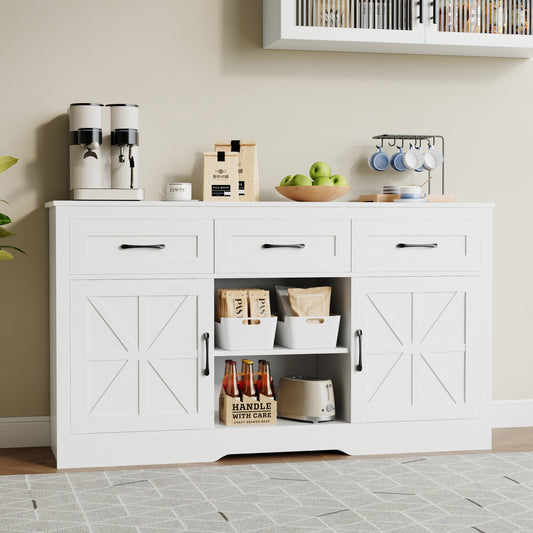 55" Farmhouse Coffee Bar Cabinet,White Wood Kitchen Sideboard W/  3 Drawers 2 Shelves for Living Room,Dining Room