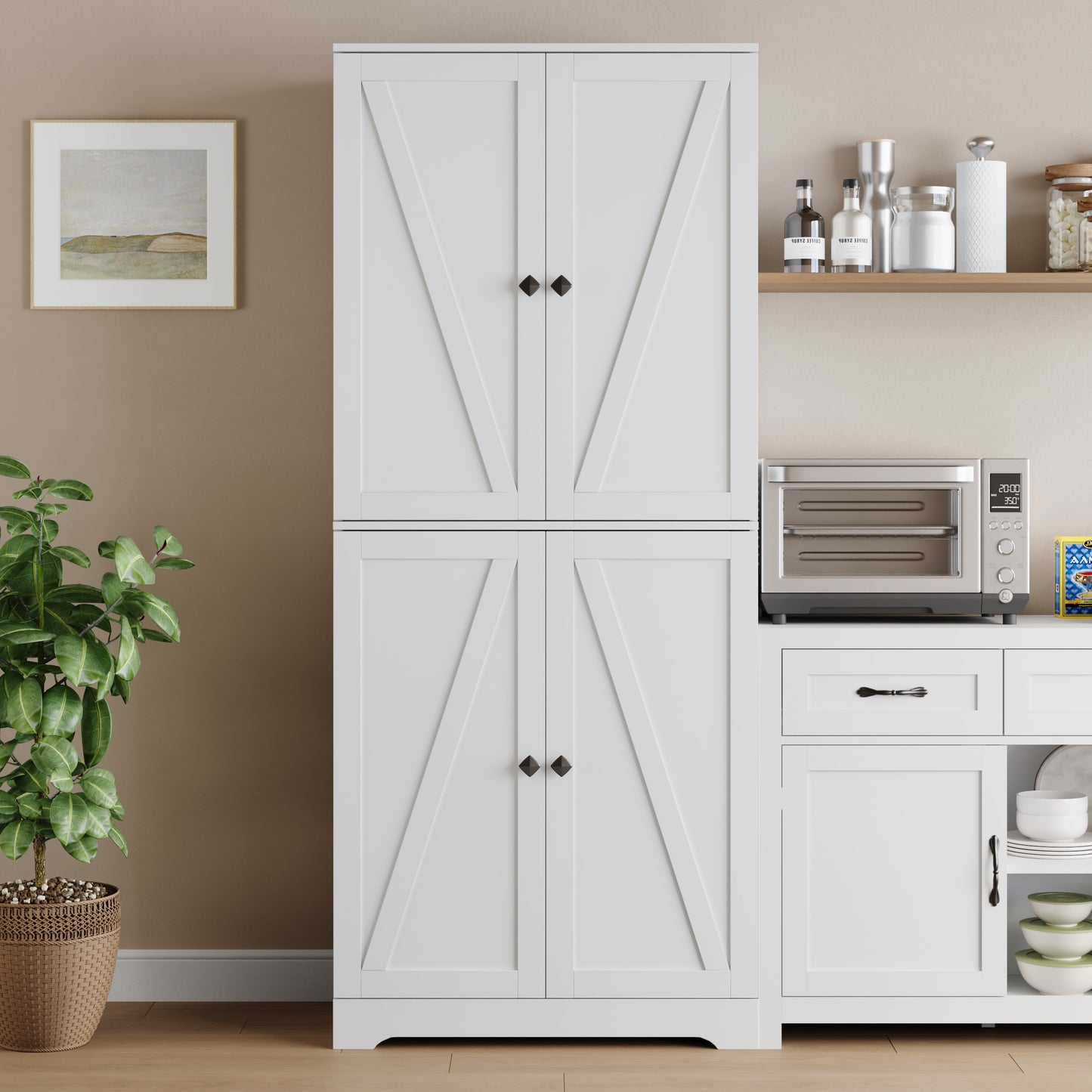 72'' Farmhouse Kitchen Pantry Cabinet with 4 Barn Doors,Storage Cabinet W/ 4 Shelves for Living Room,Kitchen,Bathroom,Office