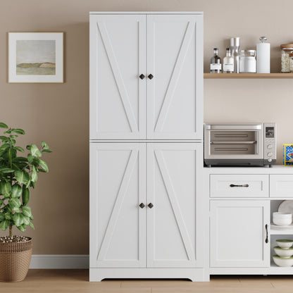 72'' Farmhouse Kitchen Pantry Cabinet with 4 Barn Doors,Storage Cabinet W/ 4 Shelves for Living Room,Kitchen,Bathroom,Office