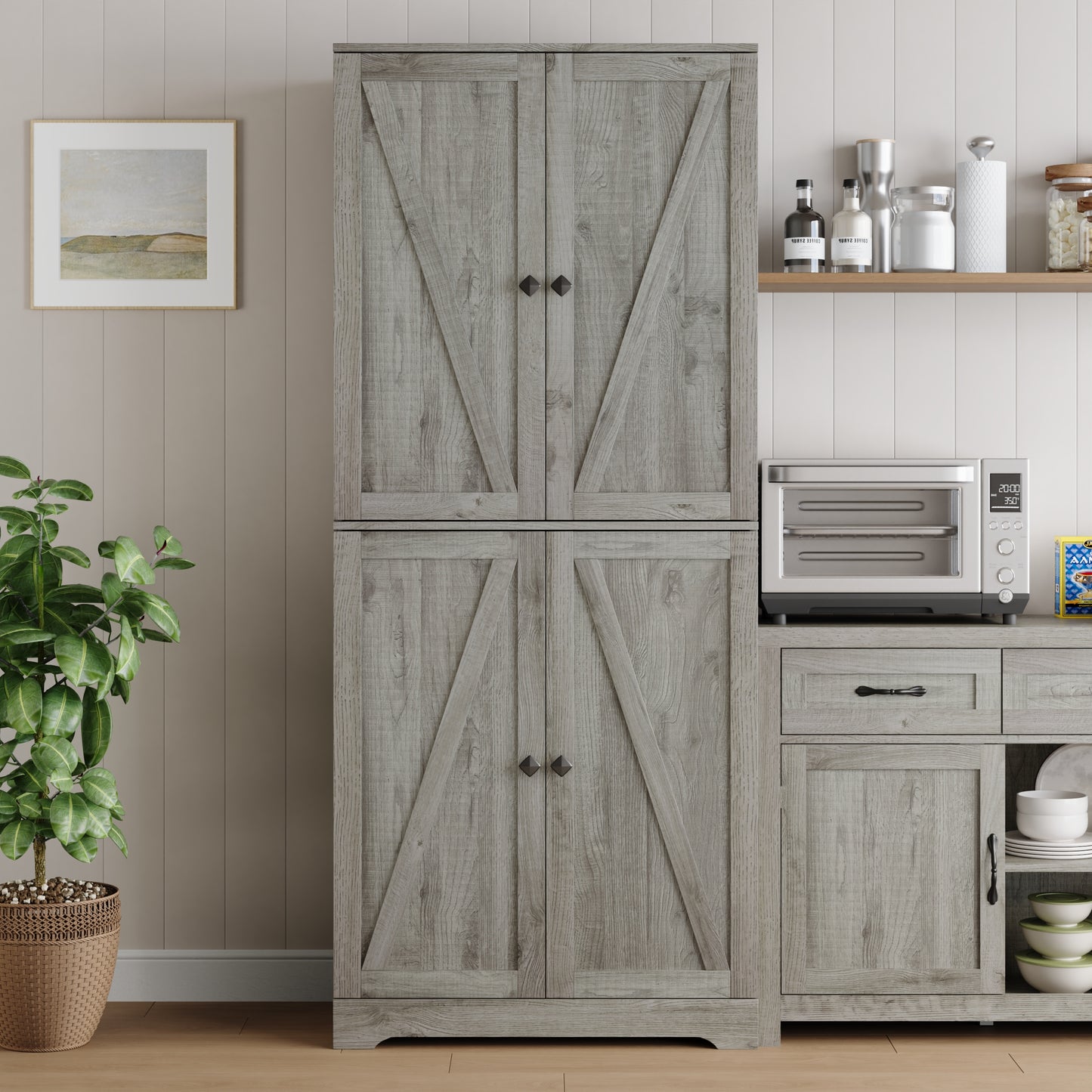 72'' Farmhouse Kitchen Pantry Cabinet with 4 Barn Doors,Storage Cabinet W/ 4 Shelves for Living Room,Kitchen,Bathroom,Office