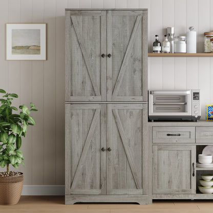 72'' Farmhouse Kitchen Pantry Cabinet with 4 Barn Doors,Storage Cabinet W/ 4 Shelves for Living Room,Kitchen,Bathroom,Office