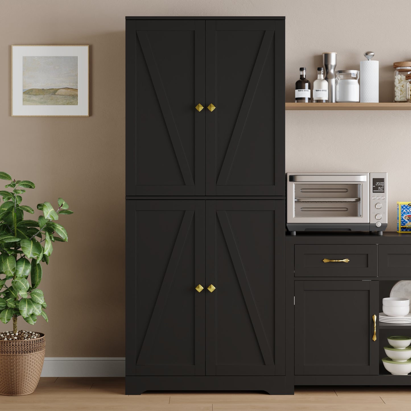 72'' Farmhouse Kitchen Pantry Cabinet with 4 Barn Doors,Storage Cabinet W/ 4 Shelves for Living Room,Kitchen,Bathroom,Office