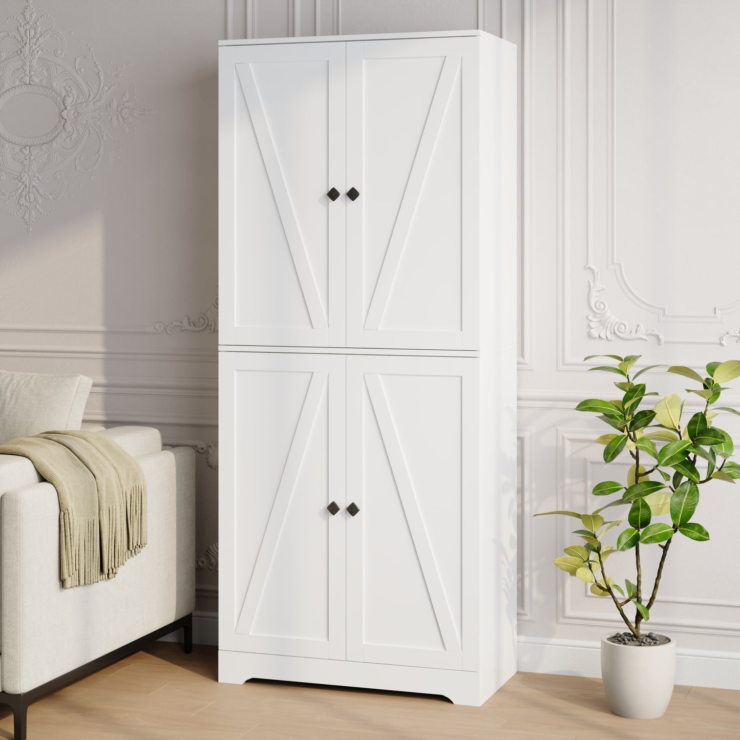 72'' Farmhouse Kitchen Pantry Cabinet with 4 Barn Doors,Storage Cabinet W/ 4 Shelves for Living Room,Kitchen,Bathroom,Office