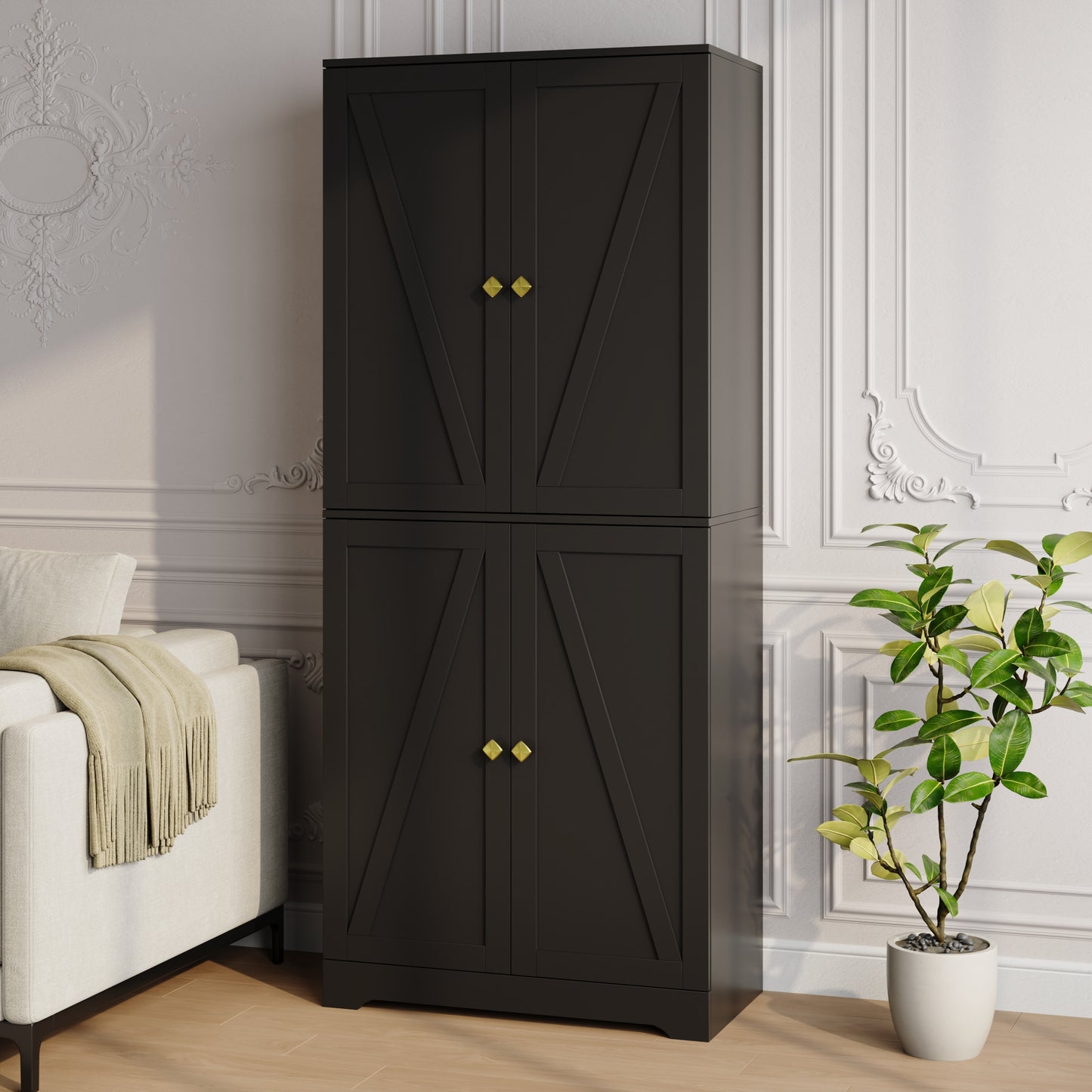 72'' Farmhouse Kitchen Pantry Cabinet with 4 Barn Doors,Storage Cabinet W/ 4 Shelves for Living Room,Kitchen,Bathroom,Office