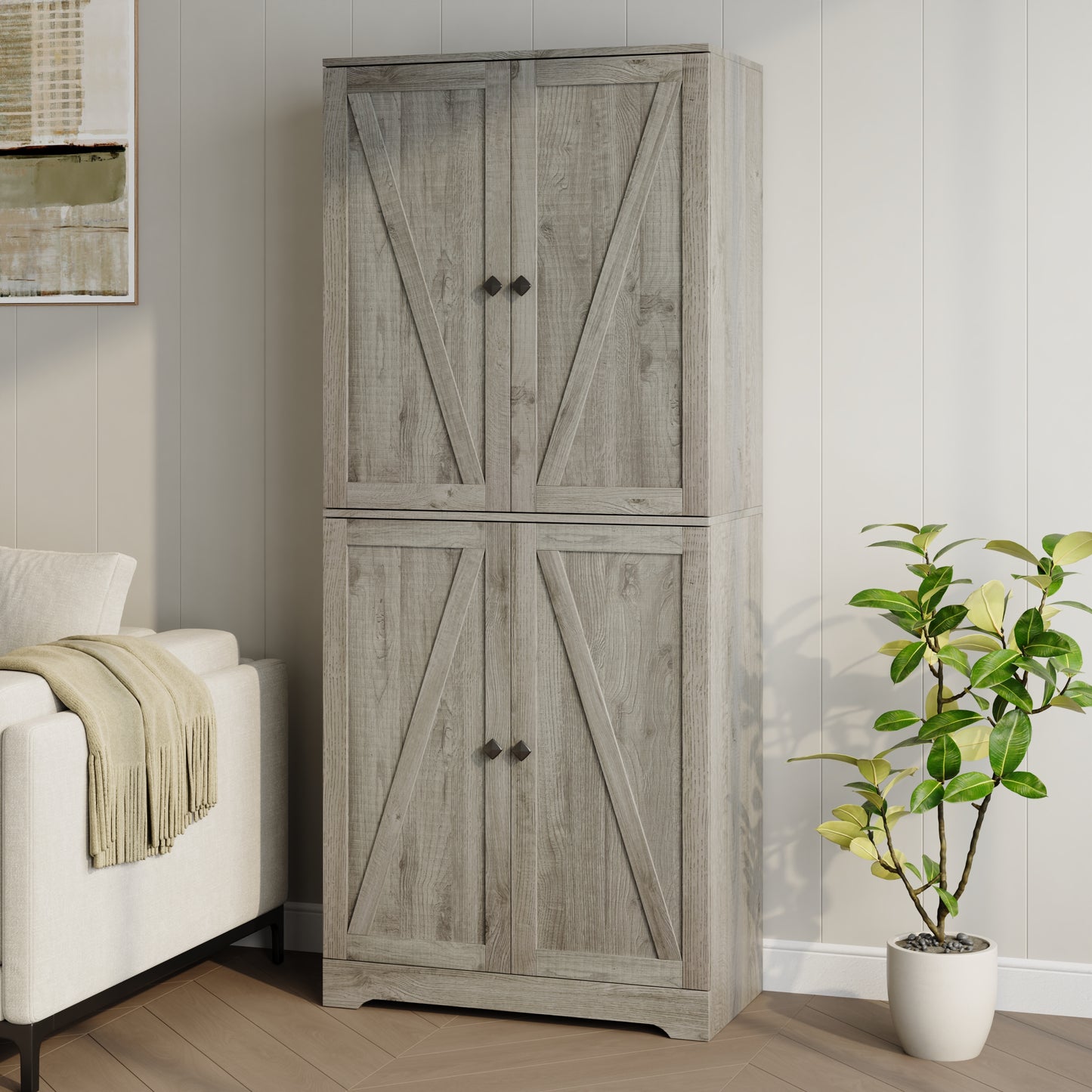 72'' Farmhouse Kitchen Pantry Cabinet with 4 Barn Doors,Storage Cabinet W/ 4 Shelves for Living Room,Kitchen,Bathroom,Office