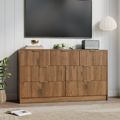 7 Drawer Dresser with for Bedroom,Modern Fluted Wood Chest of Drawer with Golden Embedded Handles for Living Room,Hallway