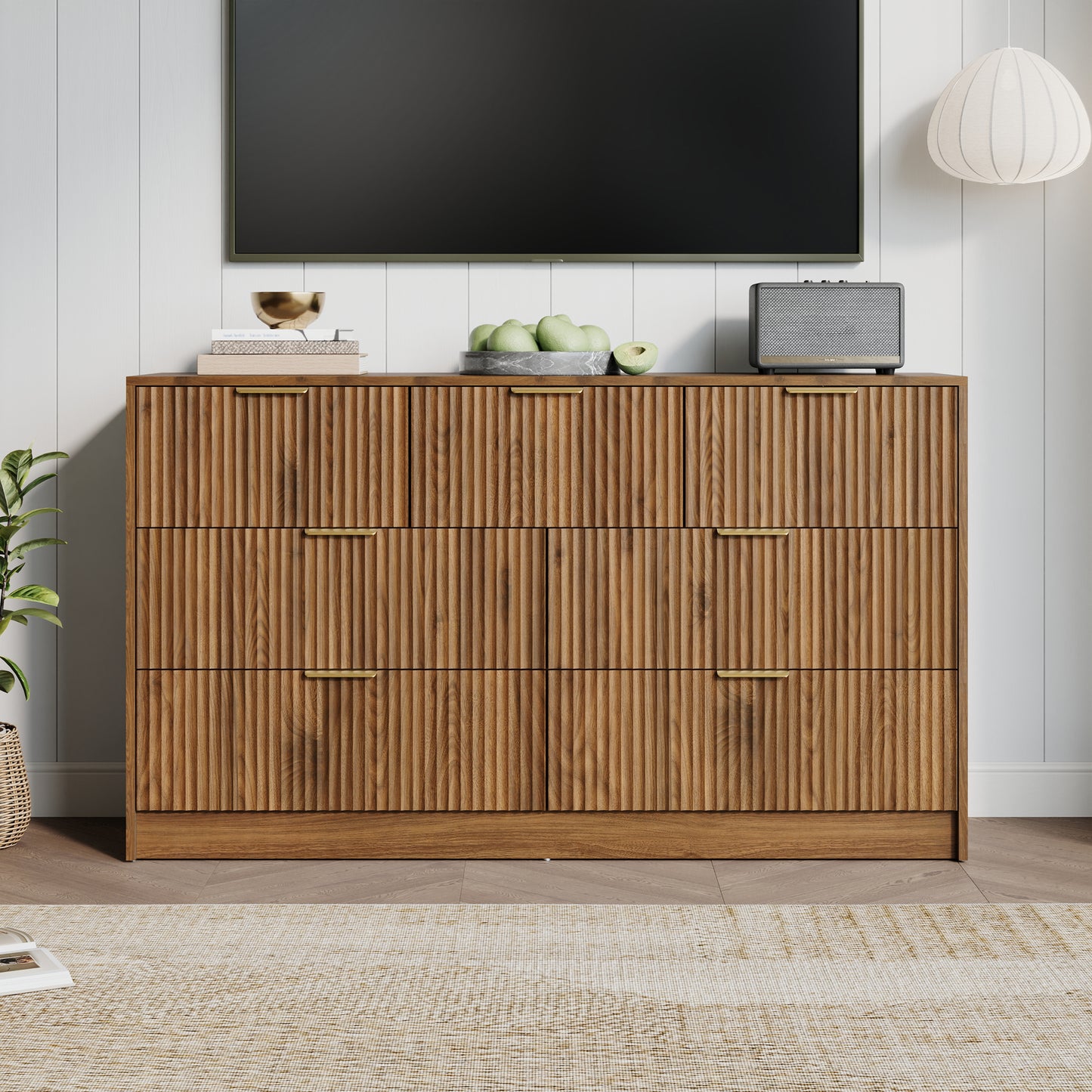 7 Drawer Dresser with for Bedroom,Modern Fluted Wood Chest of Drawer with Golden Embedded Handles for Living Room,Hallway