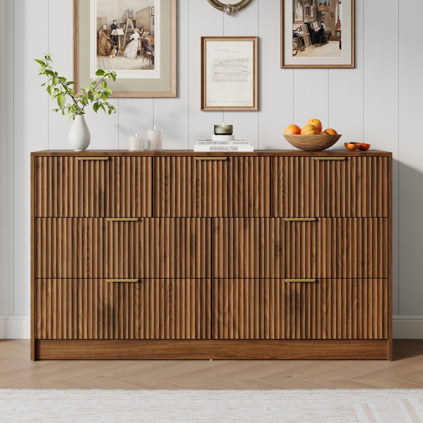 7 Drawer Dresser with for Bedroom,Modern Fluted Wood Chest of Drawer with Golden Embedded Handles for Living Room,Hallway