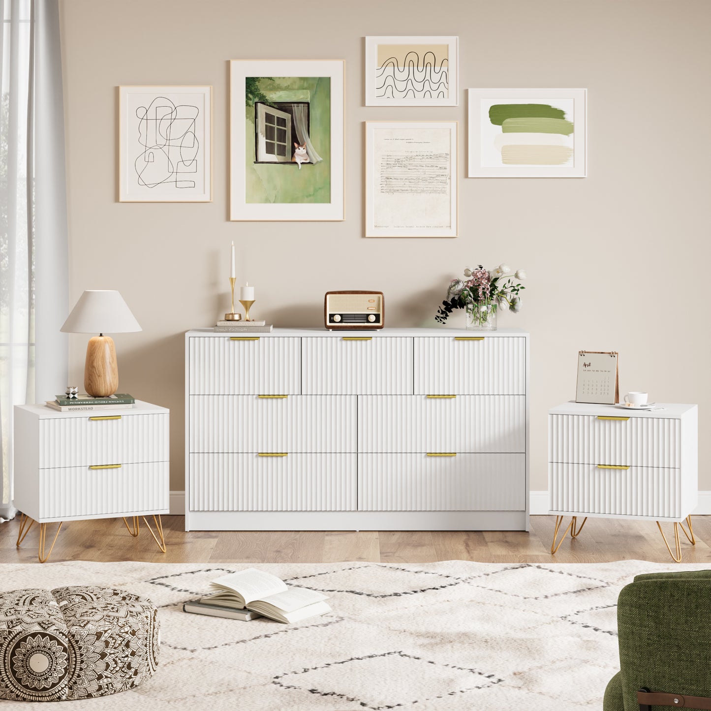 YouTrend 7 Drawer Dresser and Nightstand Sets for Bedroom,3 Piece Bedroom Dresser Set,Fluted Dressers and Nightstands, Modern Bedroom Set