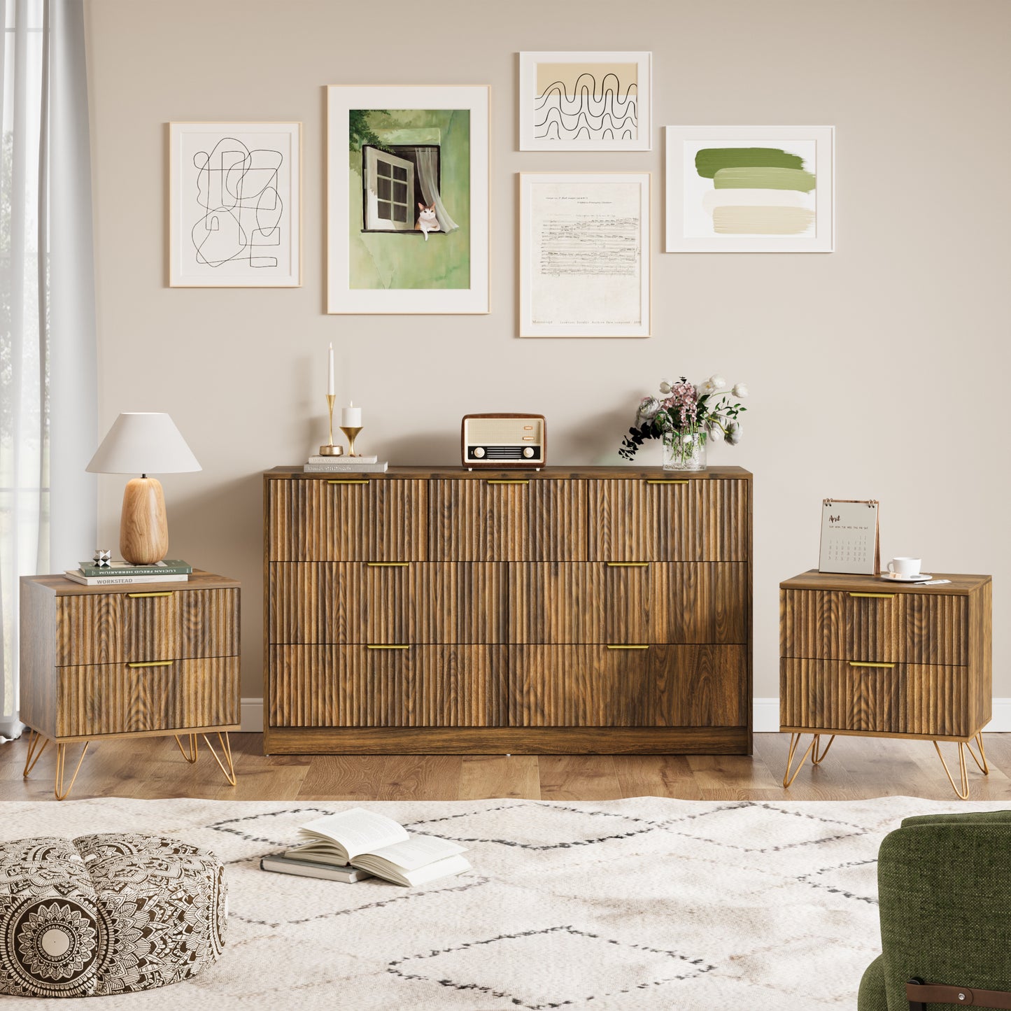 YouTrend 7 Drawer Dresser and Nightstand Sets for Bedroom,3 Piece Bedroom Dresser Set,Fluted Dressers and Nightstands, Modern Bedroom Set