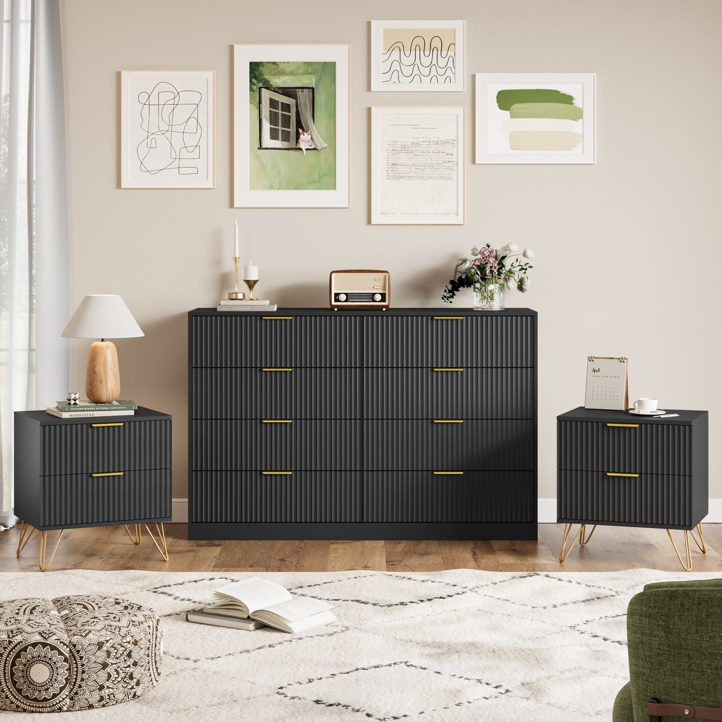 YouTrend 7 Drawer Dresser and Nightstand Sets for Bedroom,3 Piece Bedroom Dresser Set,Fluted Dressers and Nightstands, Modern Bedroom Set