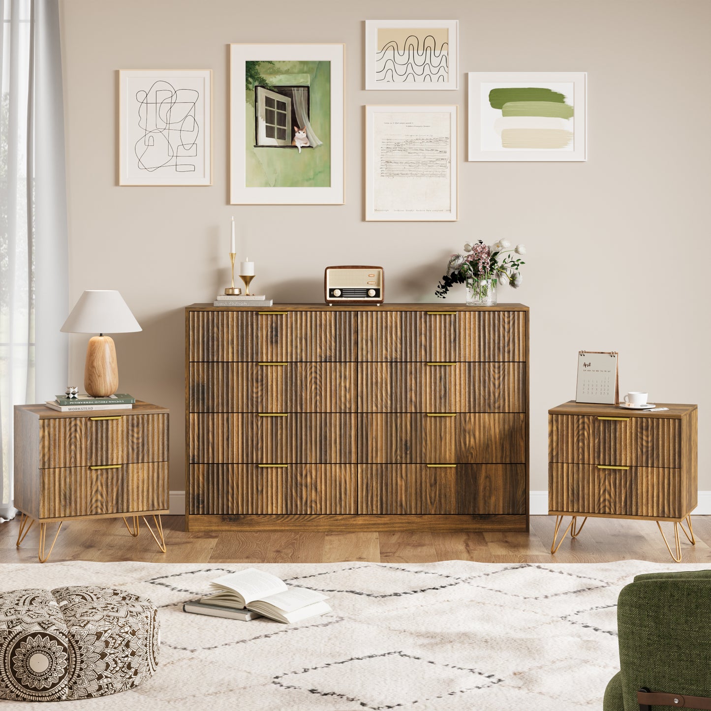 YouTrend 7 Drawer Dresser and Nightstand Sets for Bedroom,3 Piece Bedroom Dresser Set,Fluted Dressers and Nightstands, Modern Bedroom Set