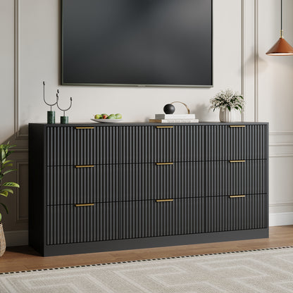 9 Drawer Dresser with for Bedroom,Modern Fluted Wood Chest of Drawer with Golden Embedded Handles for Living Room,Hallway