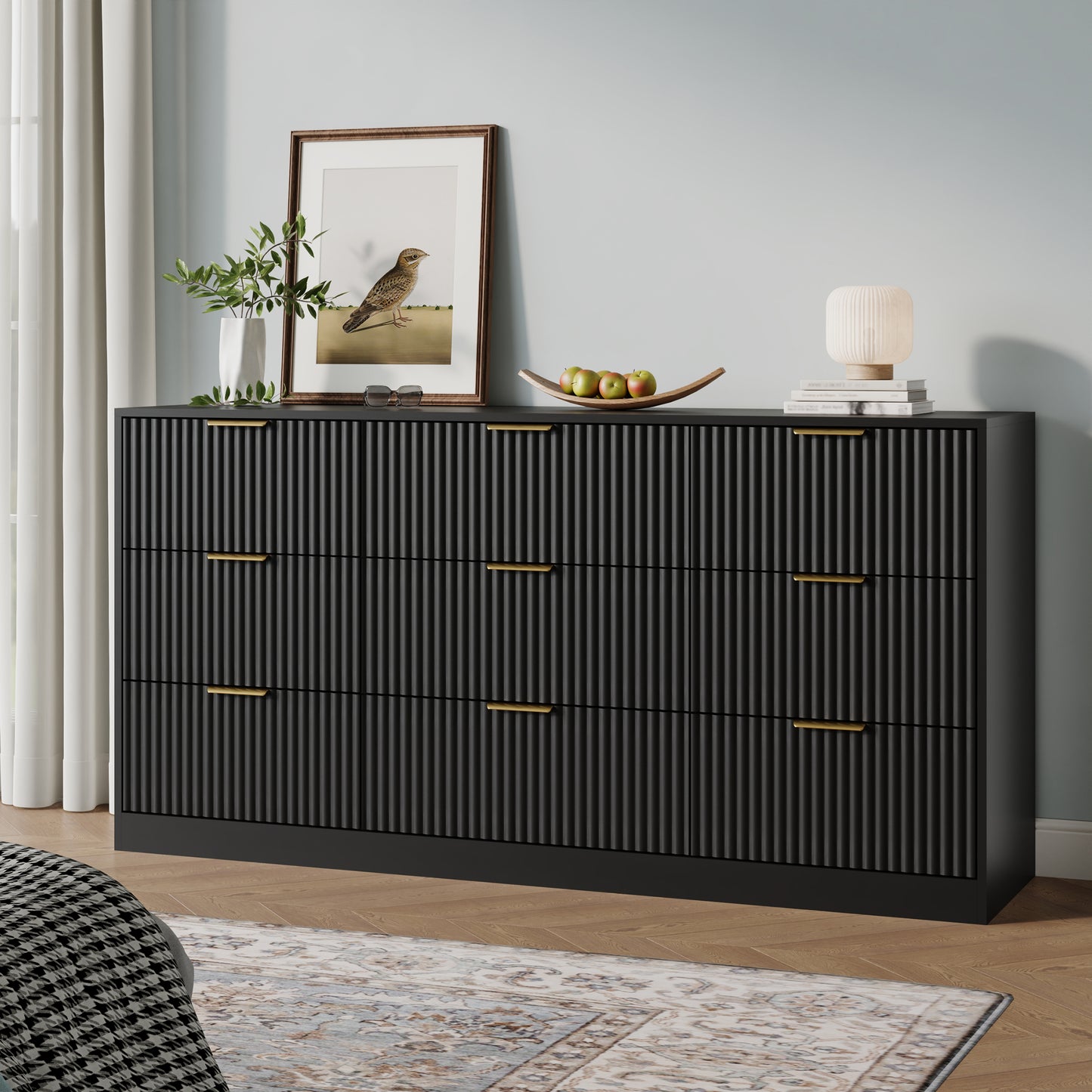 9 Drawer Dresser with for Bedroom,Modern Fluted Wood Chest of Drawer with Golden Embedded Handles for Living Room,Hallway