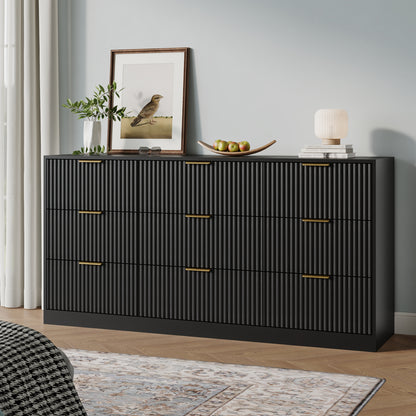 9 Drawer Dresser with for Bedroom,Modern Fluted Wood Chest of Drawer with Golden Embedded Handles for Living Room,Hallway