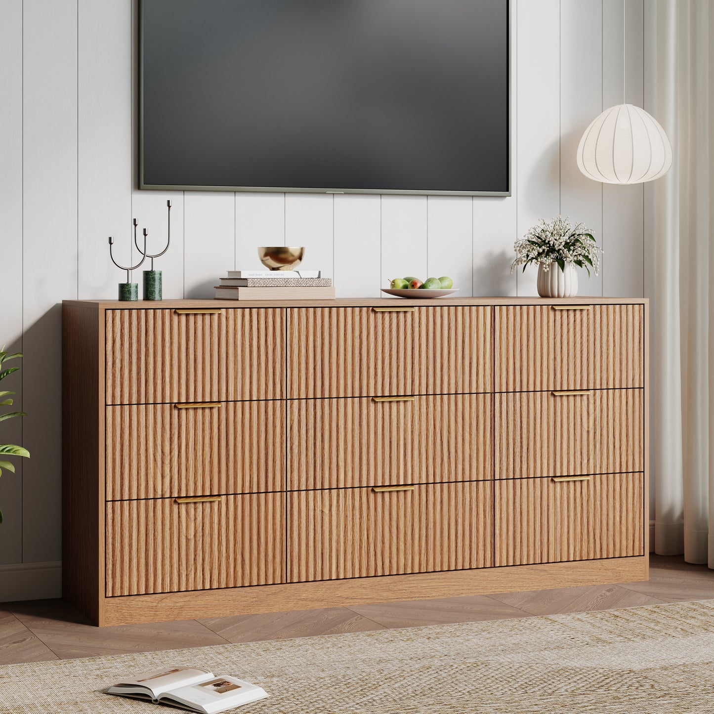 9 Drawer Dresser with for Bedroom,Modern Fluted Wood Chest of Drawer with Golden Embedded Handles for Living Room,Hallway