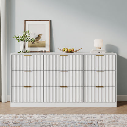 9 Drawer Dresser with for Bedroom,Modern Fluted Wood Chest of Drawer with Golden Embedded Handles for Living Room,Hallway