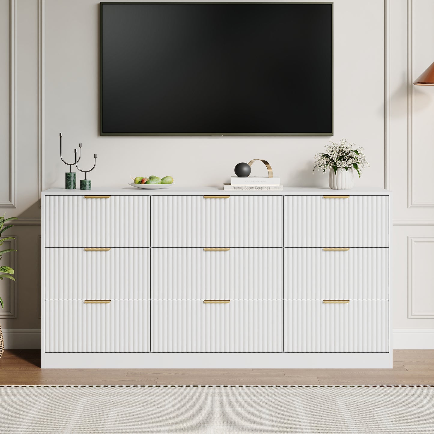 9 Drawer Dresser with for Bedroom,Modern Fluted Wood Chest of Drawer with Golden Embedded Handles for Living Room,Hallway