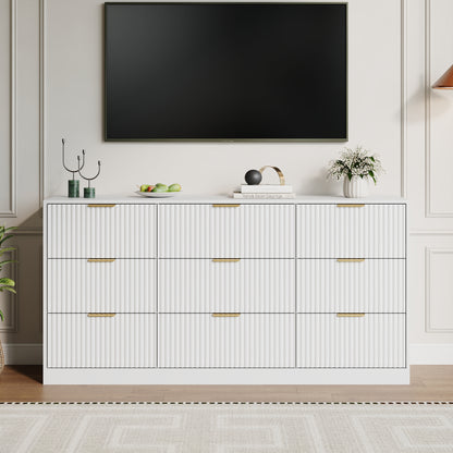 9 Drawer Dresser with for Bedroom,Modern Fluted Wood Chest of Drawer with Golden Embedded Handles for Living Room,Hallway