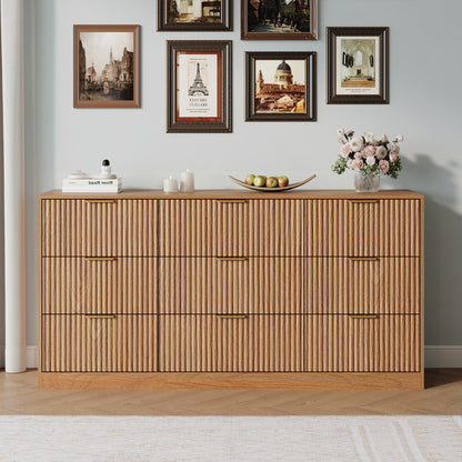 9 Drawer Dresser with for Bedroom,Modern Fluted Wood Chest of Drawer with Golden Embedded Handles for Living Room,Hallway