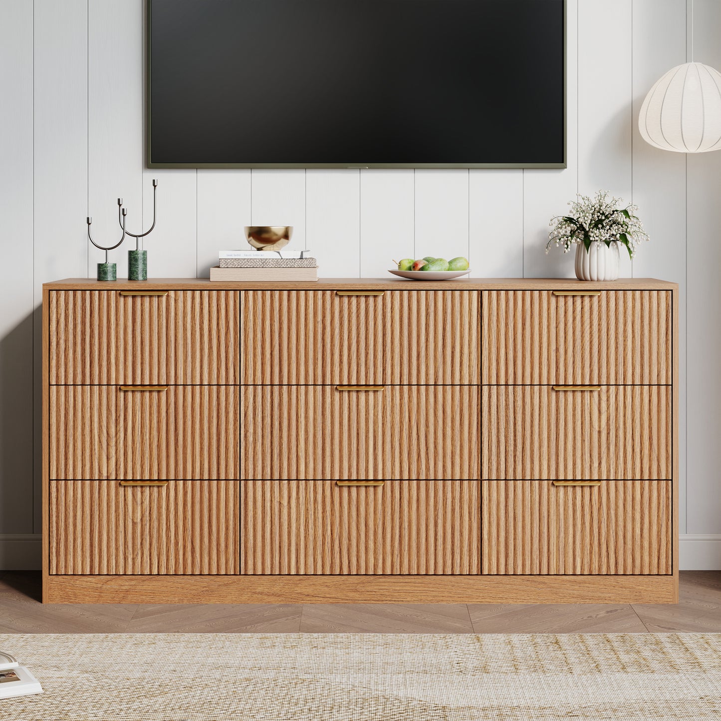 9 Drawer Dresser with for Bedroom,Modern Fluted Wood Chest of Drawer with Golden Embedded Handles for Living Room,Hallway