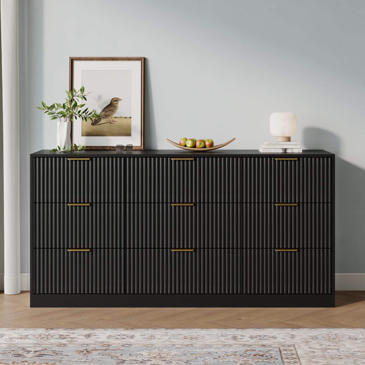 9 Drawer Dresser with for Bedroom,Modern Fluted Wood Chest of Drawer with Golden Embedded Handles for Living Room,Hallway