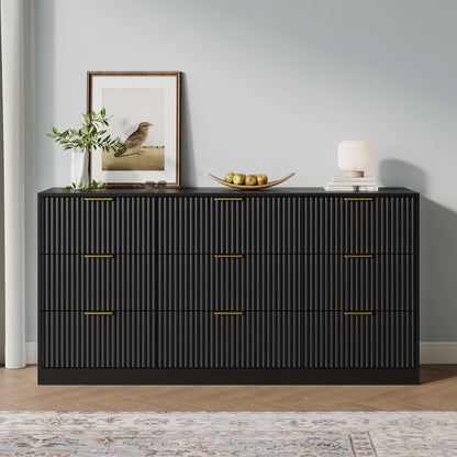 9 Drawer Dresser with for Bedroom,Modern Fluted Wood Chest of Drawer with Golden Embedded Handles for Living Room,Hallway