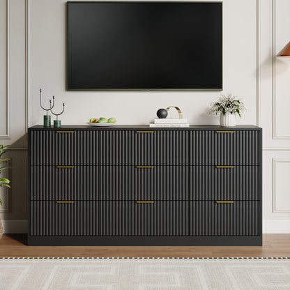 9 Drawer Dresser with for Bedroom,Modern Fluted Wood Chest of Drawer with Golden Embedded Handles for Living Room,Hallway
