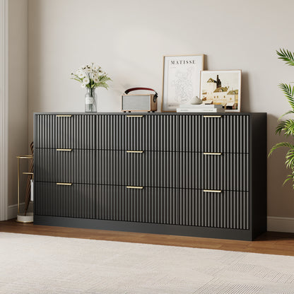 9 Drawer Dresser with for Bedroom,Modern Fluted Wood Chest of Drawer with Golden Embedded Handles for Living Room,Hallway