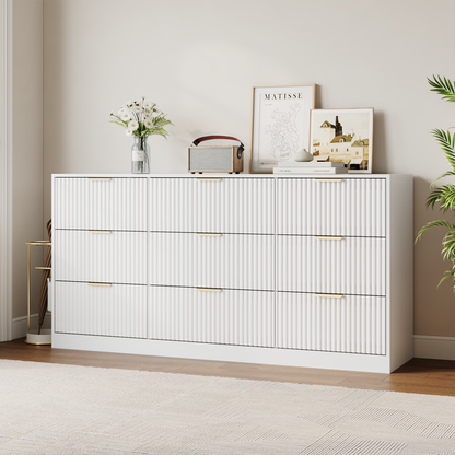 9 Drawer Dresser with for Bedroom,Modern Fluted Wood Chest of Drawer with Golden Embedded Handles for Living Room,Hallway