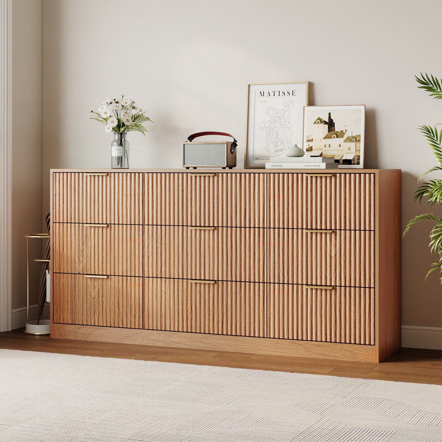 9 Drawer Dresser with for Bedroom,Modern Fluted Wood Chest of Drawer with Golden Embedded Handles for Living Room,Hallway