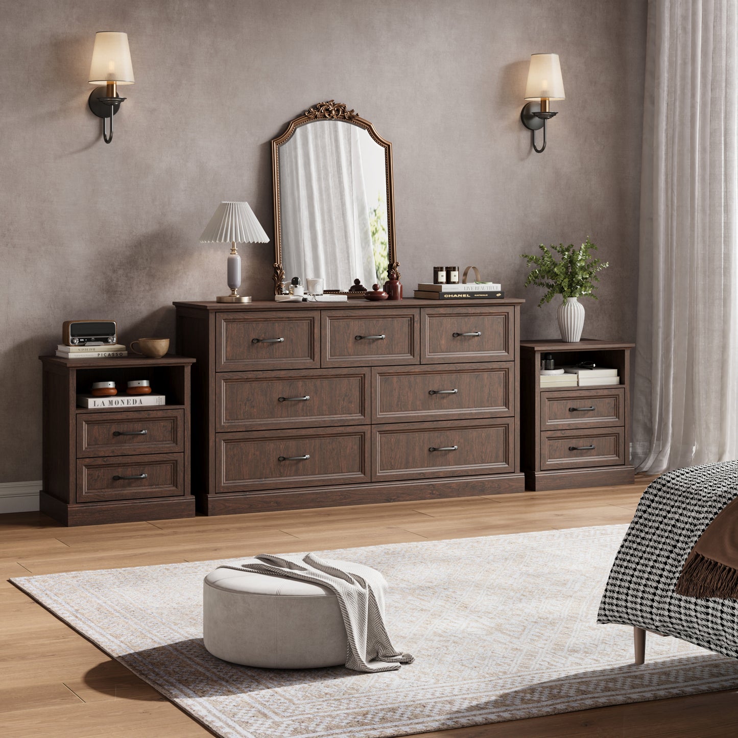 YouTrend 7 Drawer Dresser and Nightstand Sets for Bedroom,3 Piece Bedroom Dresser Set,Fluted Dressers and Nightstands, Modern Bedroom Set