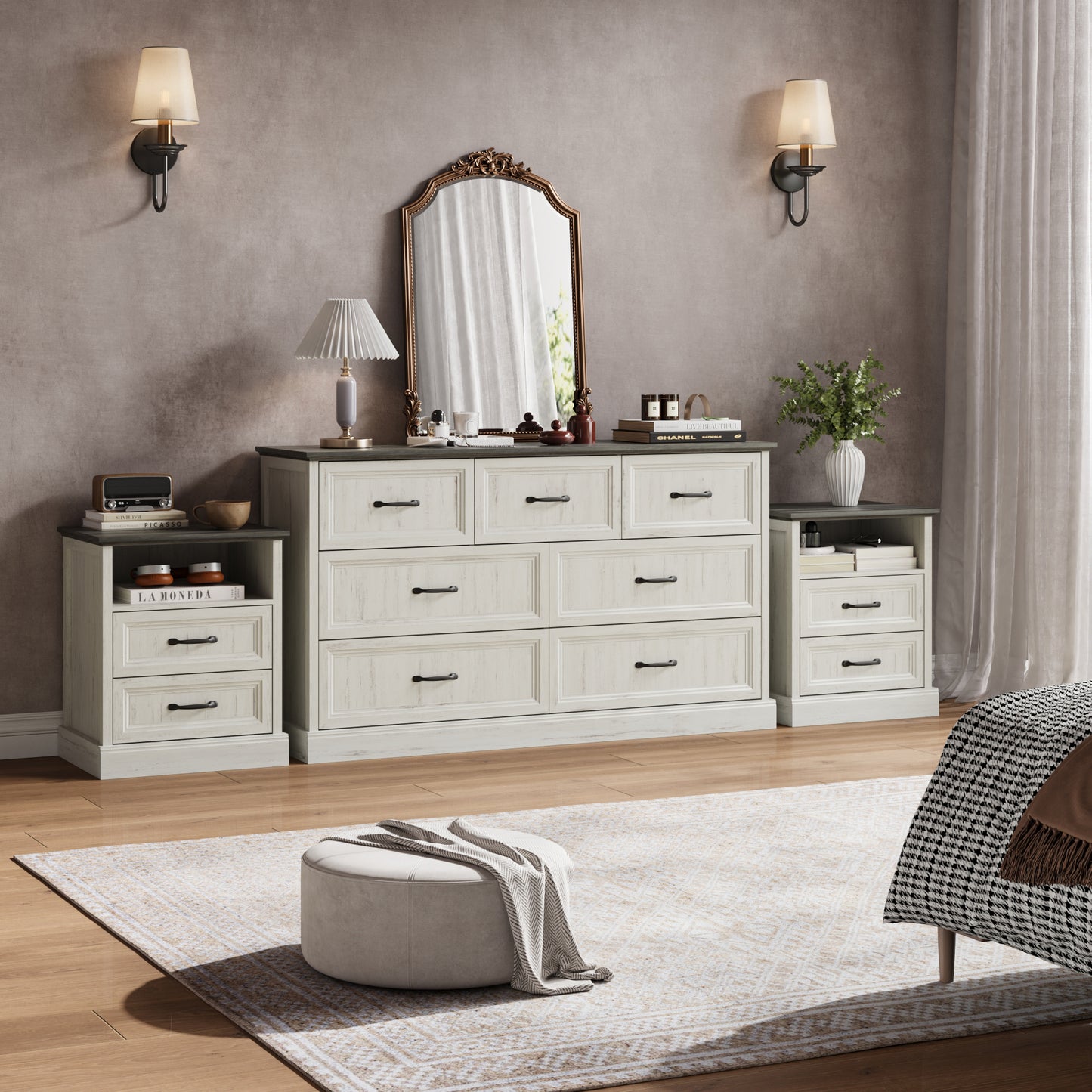 YouTrend 7 Drawer Dresser and Nightstand Sets for Bedroom,3 Piece Bedroom Dresser Set,Fluted Dressers and Nightstands, Modern Bedroom Set