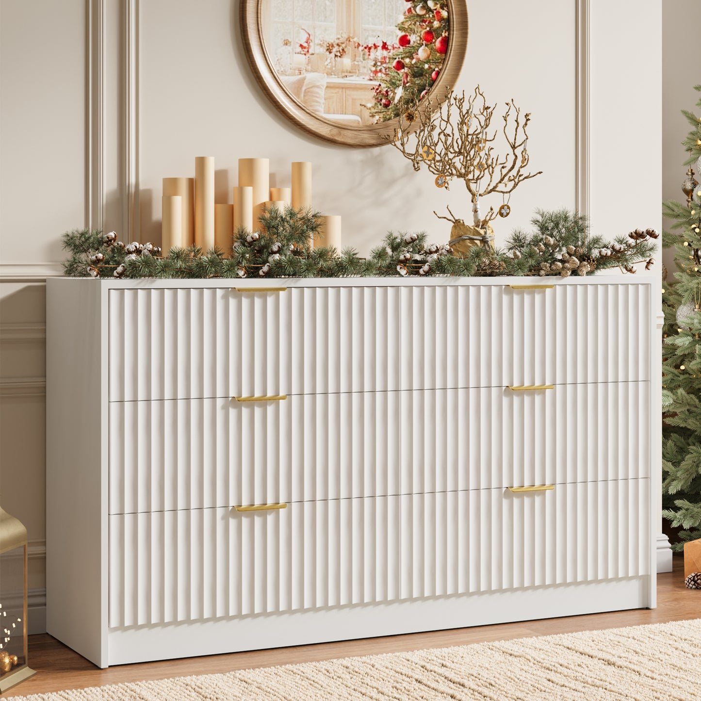 YouTrend 6 Drawer Dresser for Bedroom,55.1"Width Fluted Wood Chest of Drawer with Golden Embedded Handles for Living Room,Black