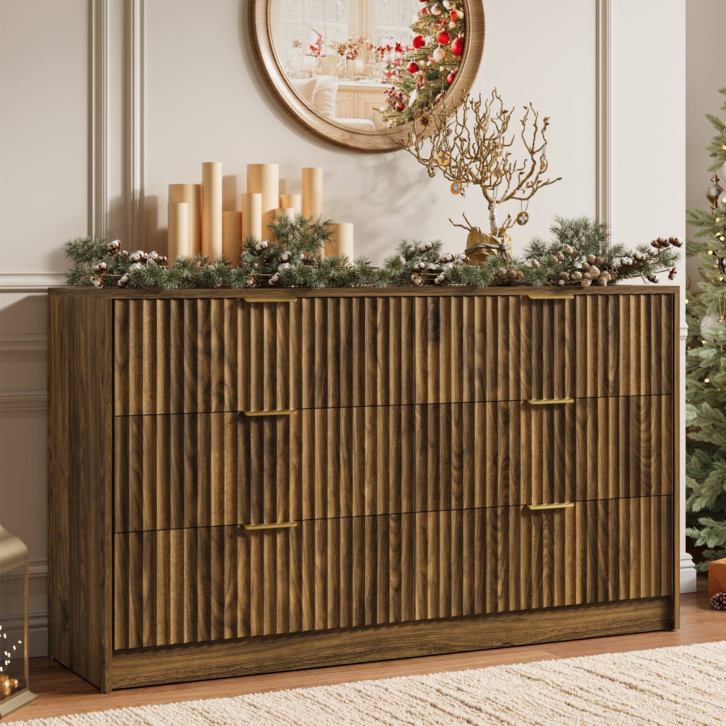 YouTrend 6 Drawer Dresser for Bedroom,55.1"Width Fluted Wood Chest of Drawer with Golden Embedded Handles for Living Room,Black