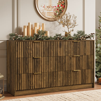 YouTrend 6 Drawer Dresser for Bedroom,55.1"Width Fluted Wood Chest of Drawer with Golden Embedded Handles for Living Room,Black