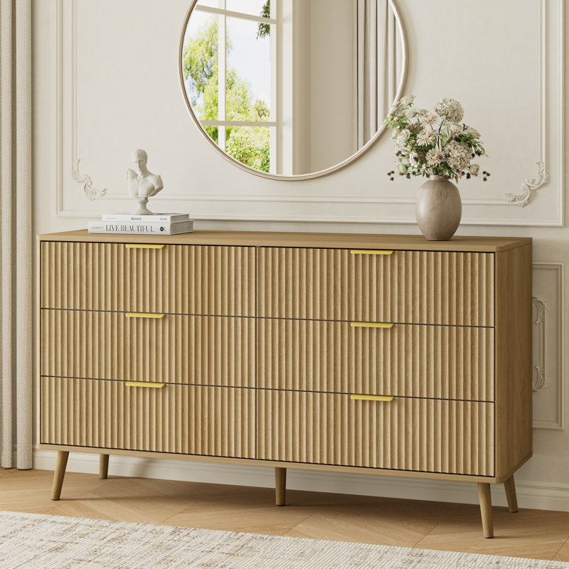 YouTrend Fluted 6 Drawers Dresser, 55.1" Wide Modern Chest of Drawers with Wood Foot, Dresser TV Stand Up to 65 Inch TV, Wood Drawer Organizer for Bedroom, Living Room, Hallway
