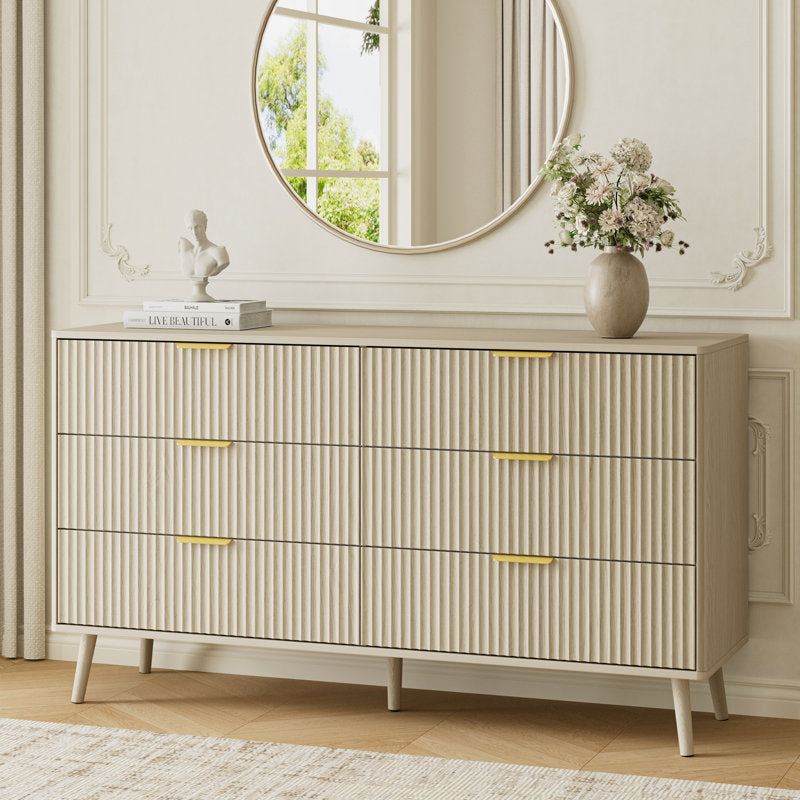 YouTrend Fluted 6 Drawers Dresser, 55.1" Wide Modern Chest of Drawers with Wood Foot, Dresser TV Stand Up to 65 Inch TV, Wood Drawer Organizer for Bedroom, Living Room, Hallway
