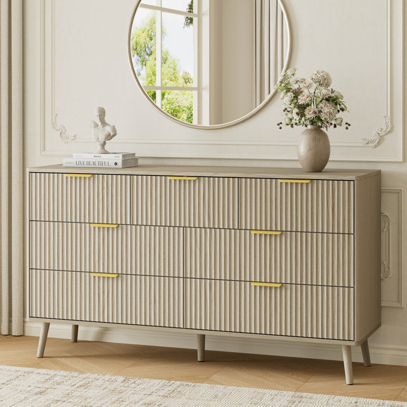 YouTrend Fluted 6 Drawers Dresser, 55.1" Wide Modern Chest of Drawers with Wood Foot, Dresser TV Stand Up to 65 Inch TV, Wood Drawer Organizer for Bedroom, Living Room, Hallway