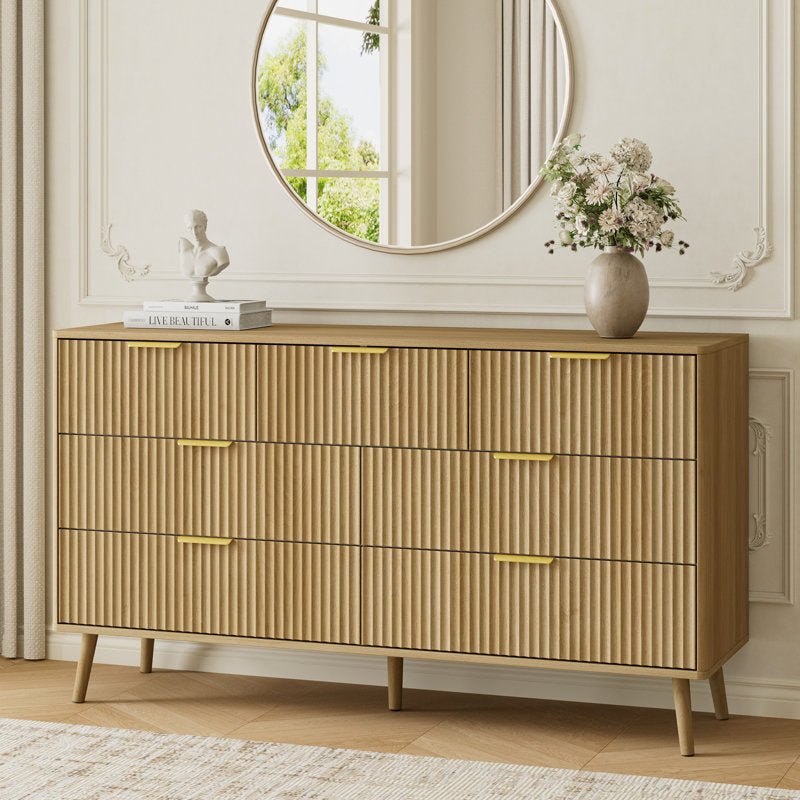 YouTrend Fluted 6 Drawers Dresser, 55.1" Wide Modern Chest of Drawers with Wood Foot, Dresser TV Stand Up to 65 Inch TV, Wood Drawer Organizer for Bedroom, Living Room, Hallway