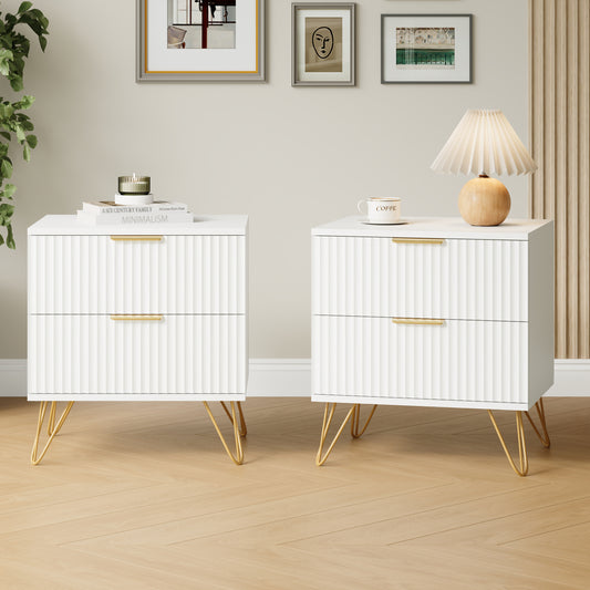 Set of 2 Nightstand with 2 Drawers,Fluted Wood Bedside Tables End Table for Bedroom Living Room