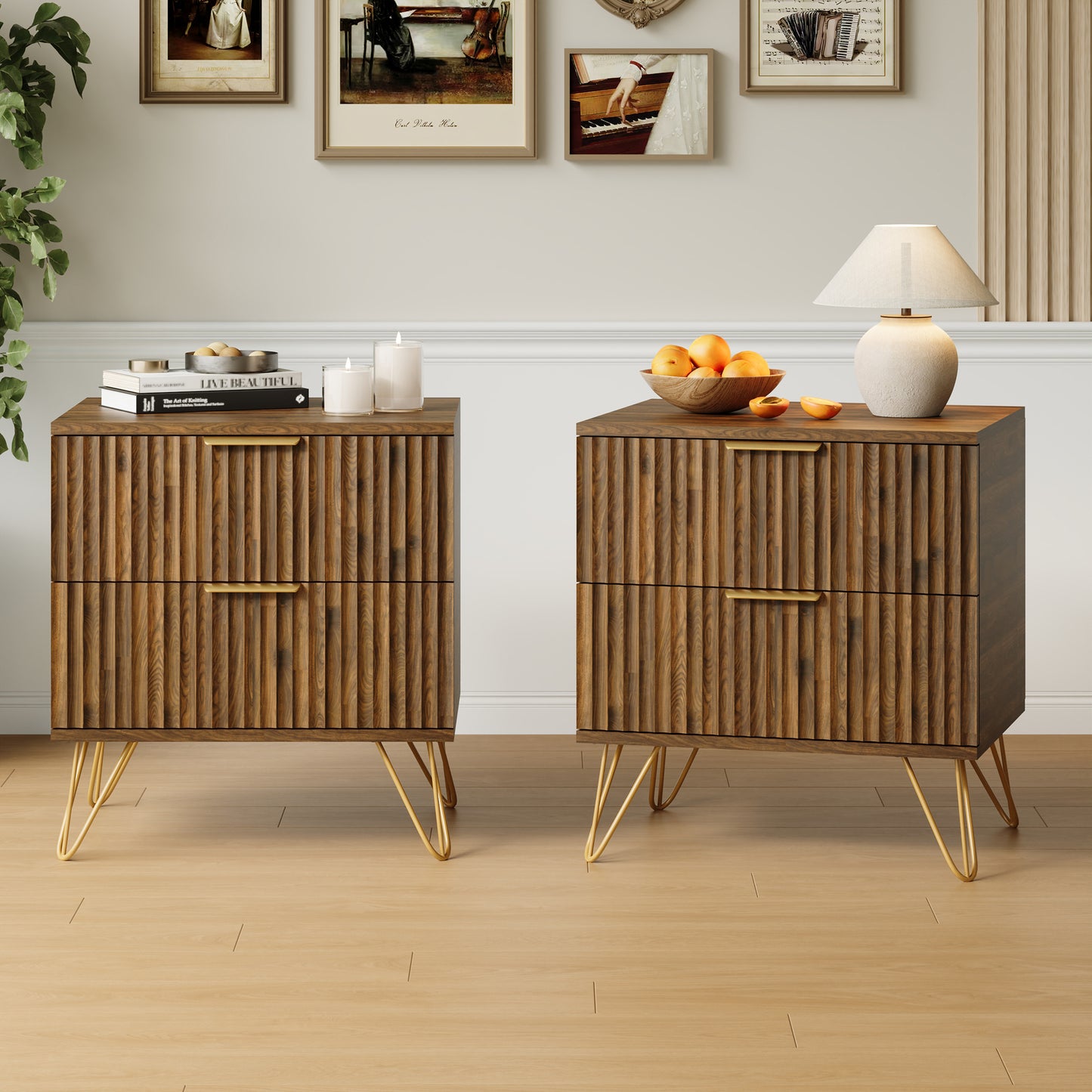 Set of 2 Nightstand with 2 Drawers,Fluted Wood Bedside Tables End Table for Bedroom Living Room
