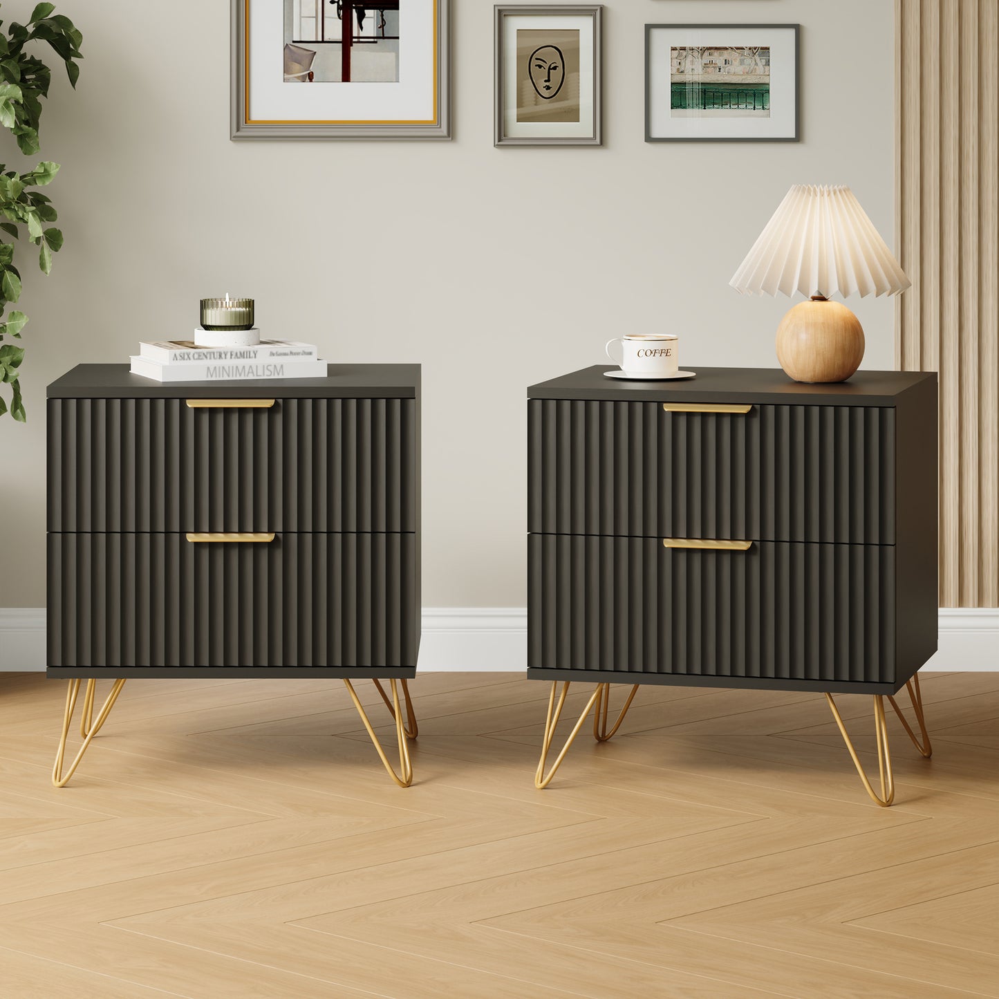 Set of 2 Nightstand with 2 Drawers,Fluted Wood Bedside Tables End Table for Bedroom Living Room
