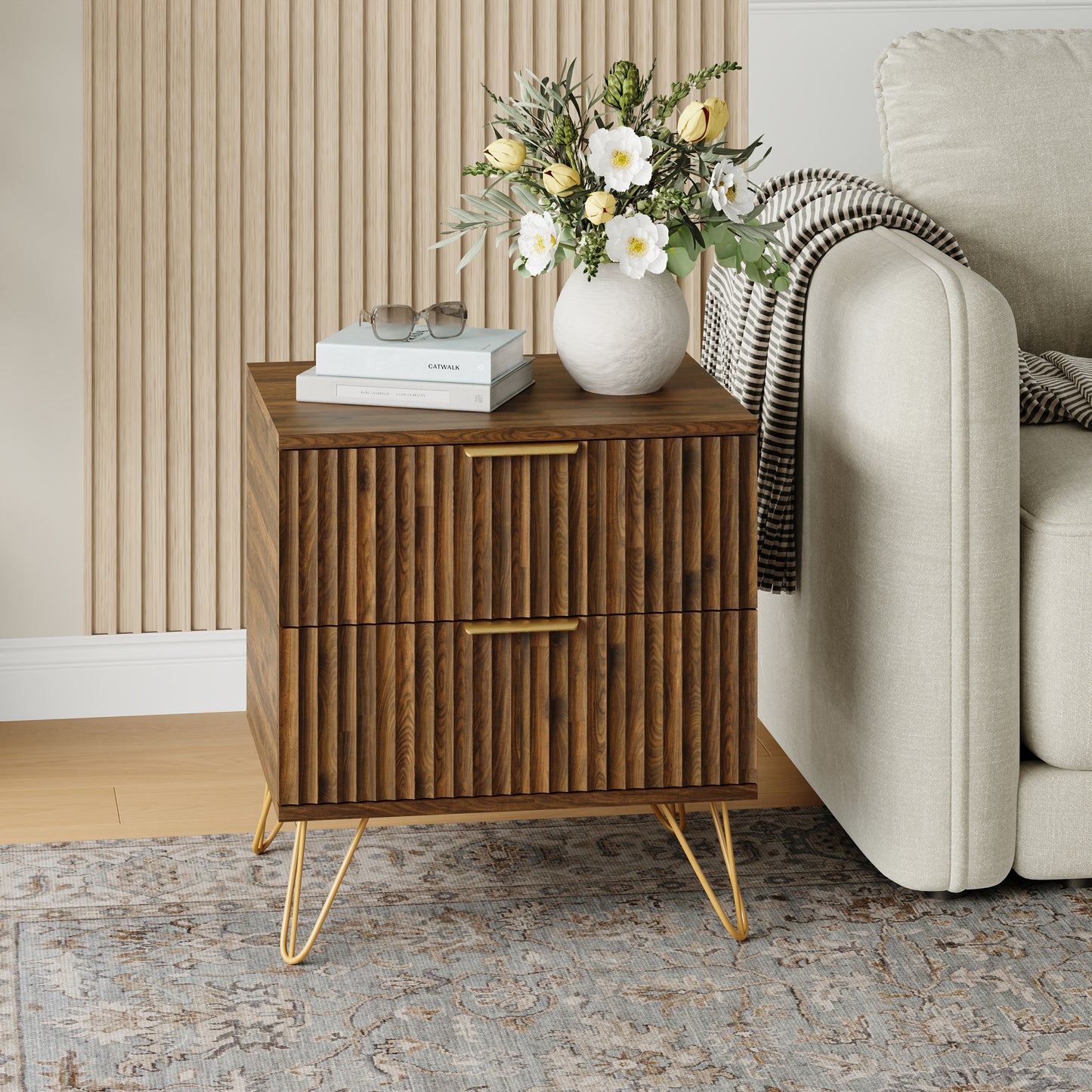 Set of 2 Nightstand with 2 Drawers,Fluted Wood Bedside Tables End Table for Bedroom Living Room