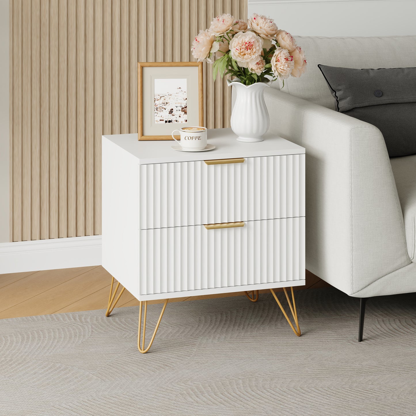 Set of 2 Nightstand with 2 Drawers,Fluted Wood Bedside Tables End Table for Bedroom Living Room