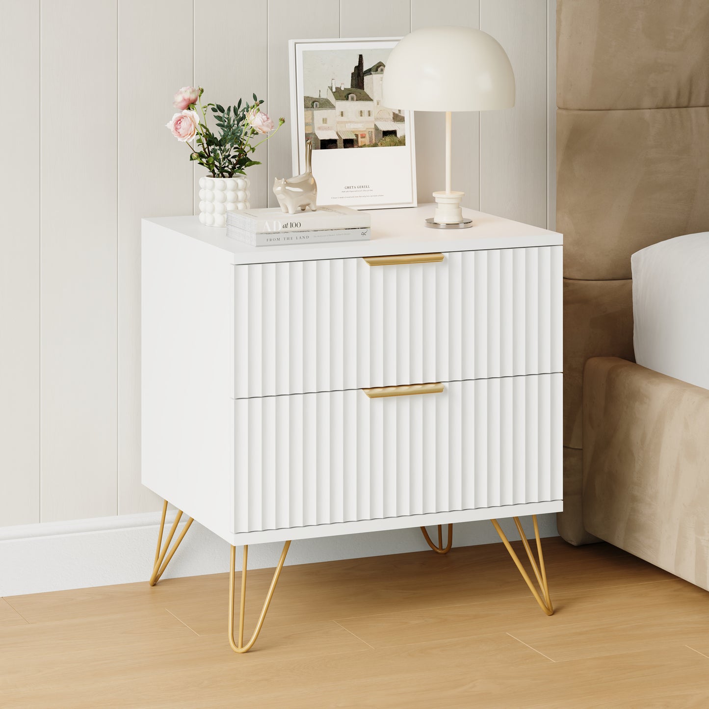 Set of 2 Nightstand with 2 Drawers,Fluted Wood Bedside Tables End Table for Bedroom Living Room