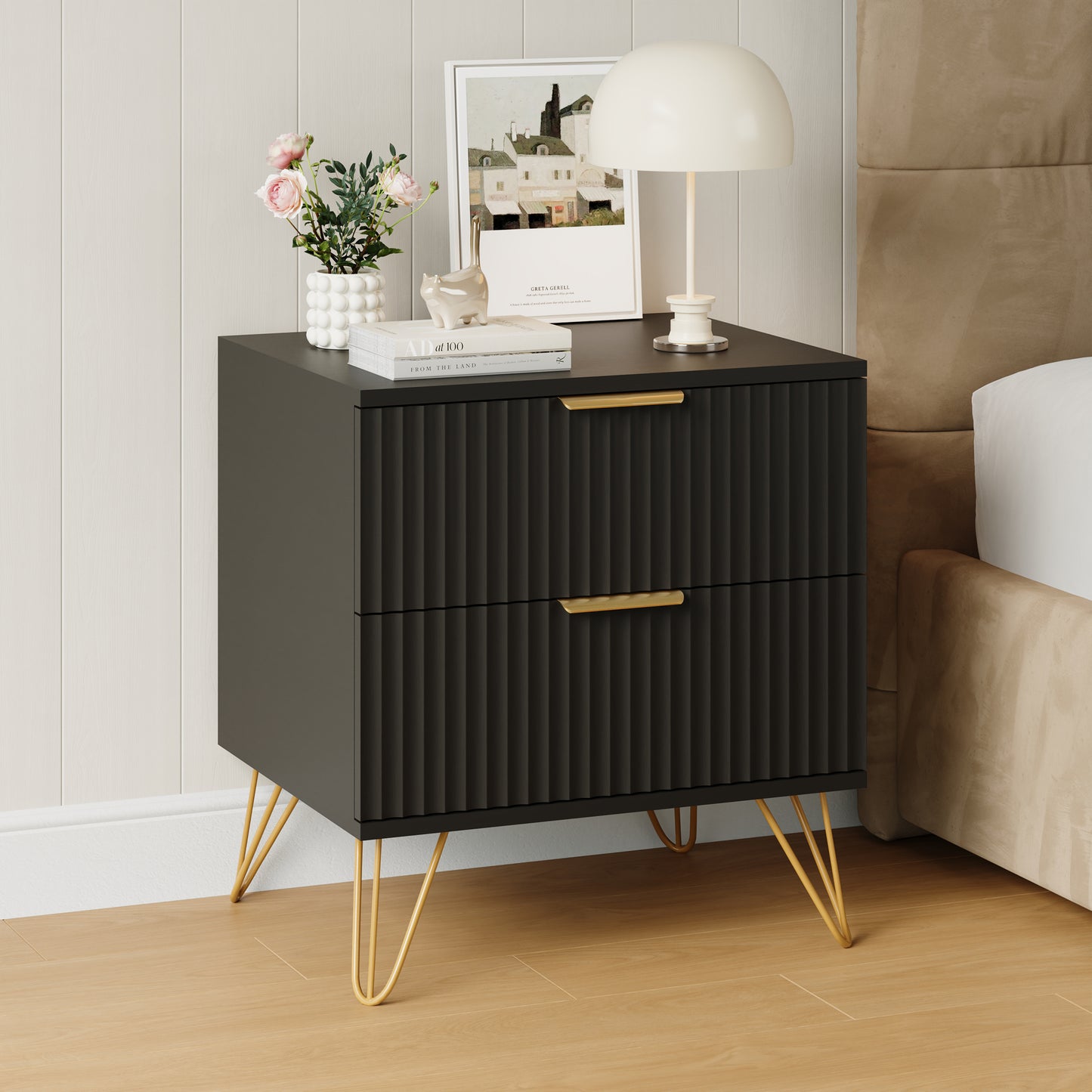 Set of 2 Nightstand with 2 Drawers,Fluted Wood Bedside Tables End Table for Bedroom Living Room